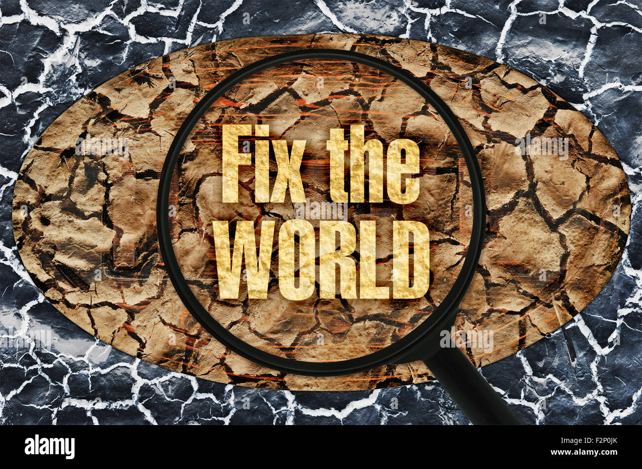 Text Fix the World under a magnifier on abstract background Stock Photo