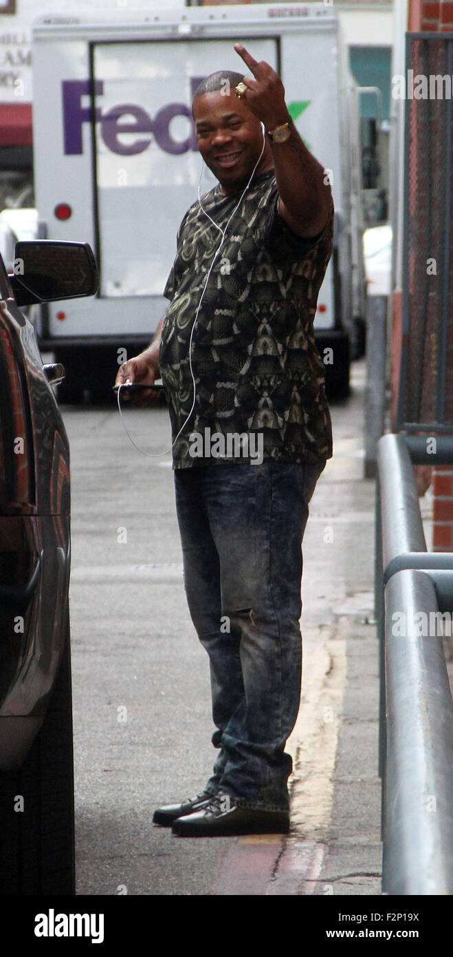 Busta Rhymes leaves an office in Beverly Hills giving a hand gesture