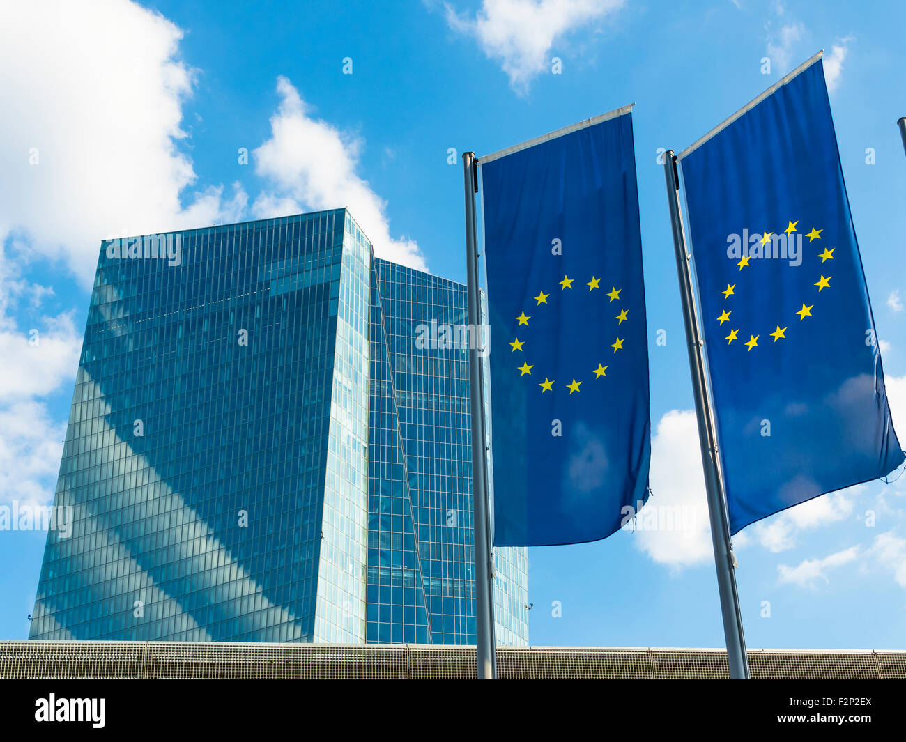 Germany, Frankfurt, EU flags at the European Central Bank Stock Photo