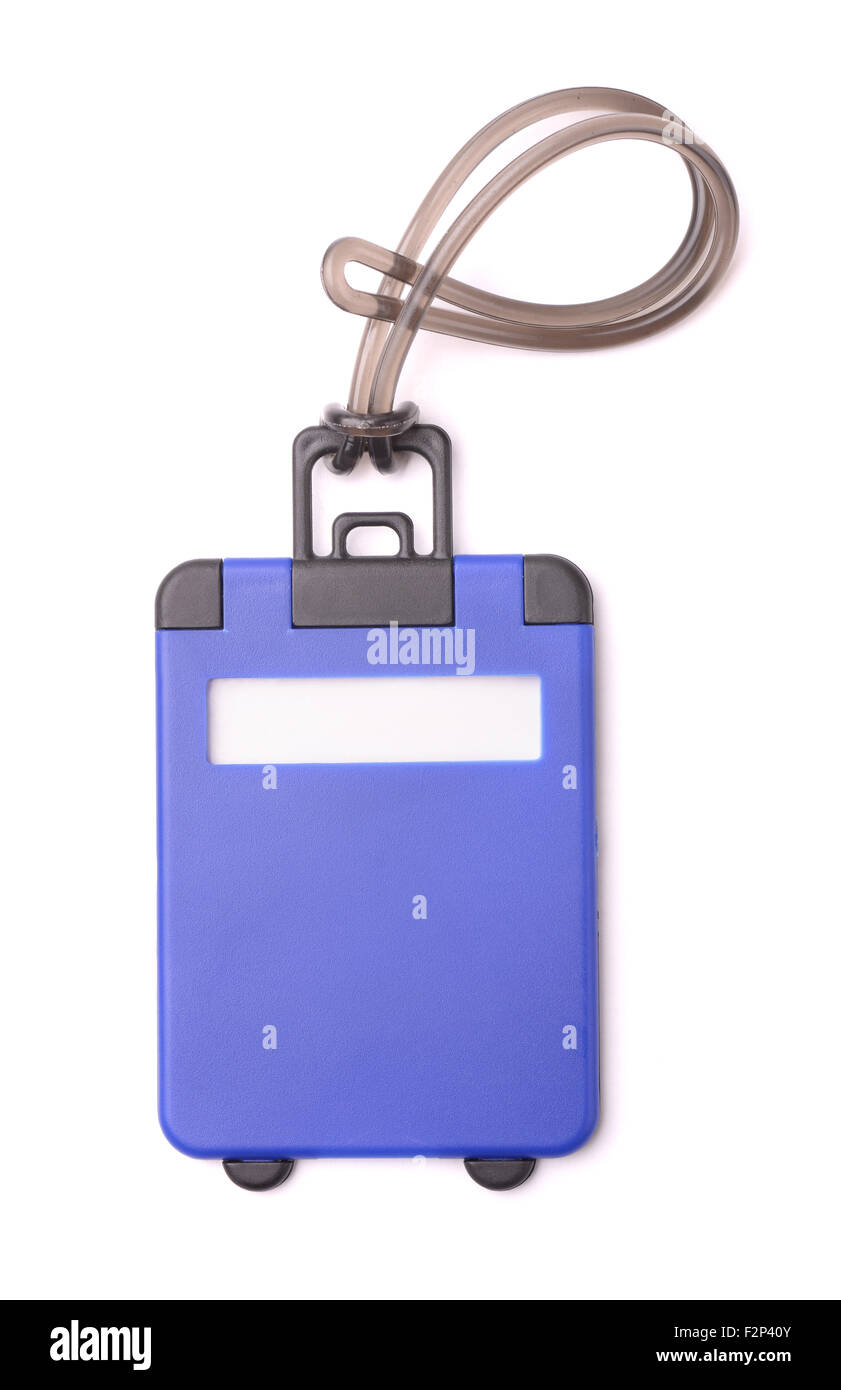 Top view of blue plastic luggage tag isolated on white Stock Photo