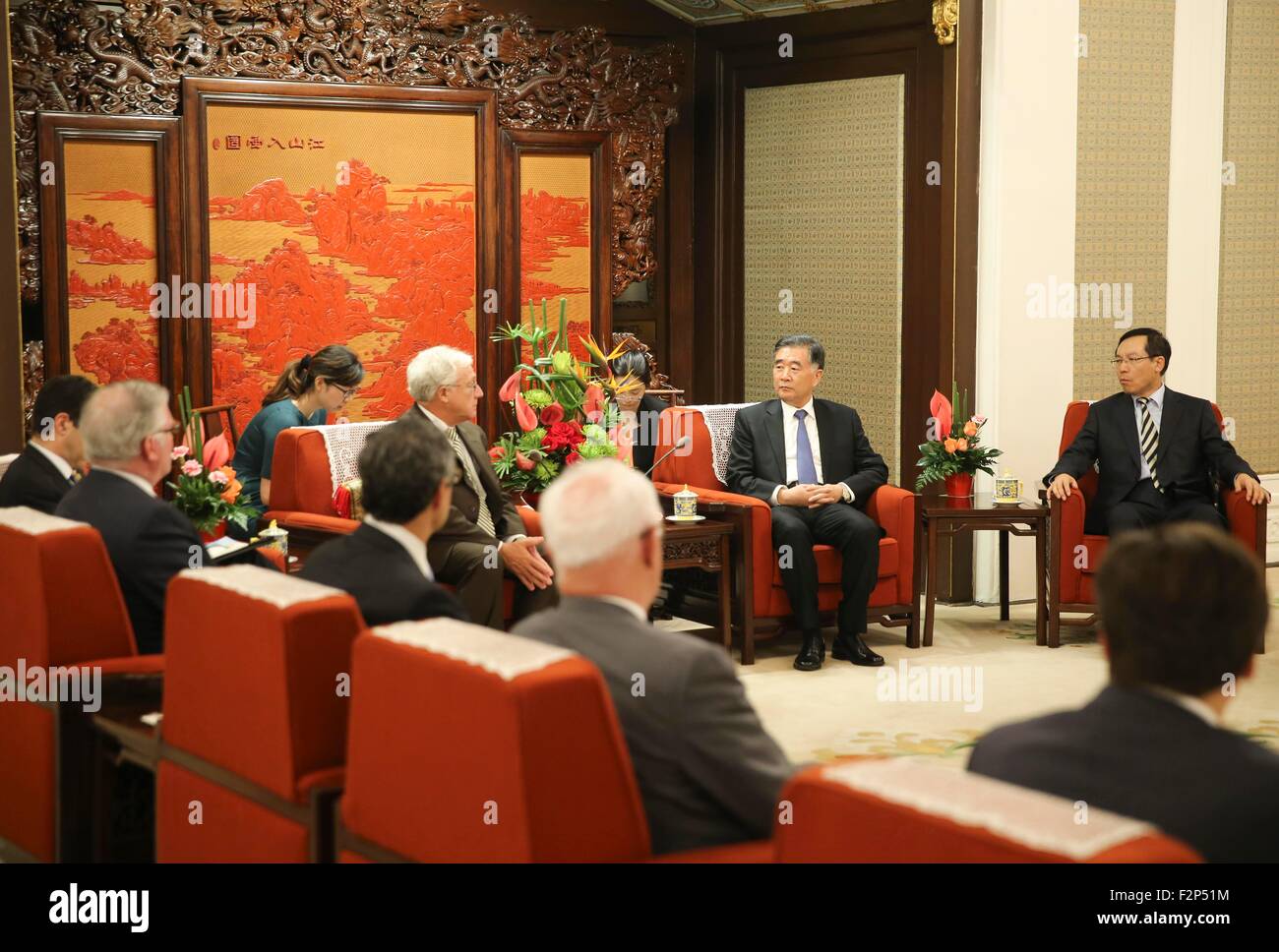 Beijing, China. 22nd Sep, 2015. Chinese Vice Premier Wang Yang (2nd R) meets with a delegation from the Biotechnology Industry Organization of the United States, in Beijing, capital of China, Sept. 22, 2015. © Ding Lin/Xinhua/Alamy Live News Stock Photo