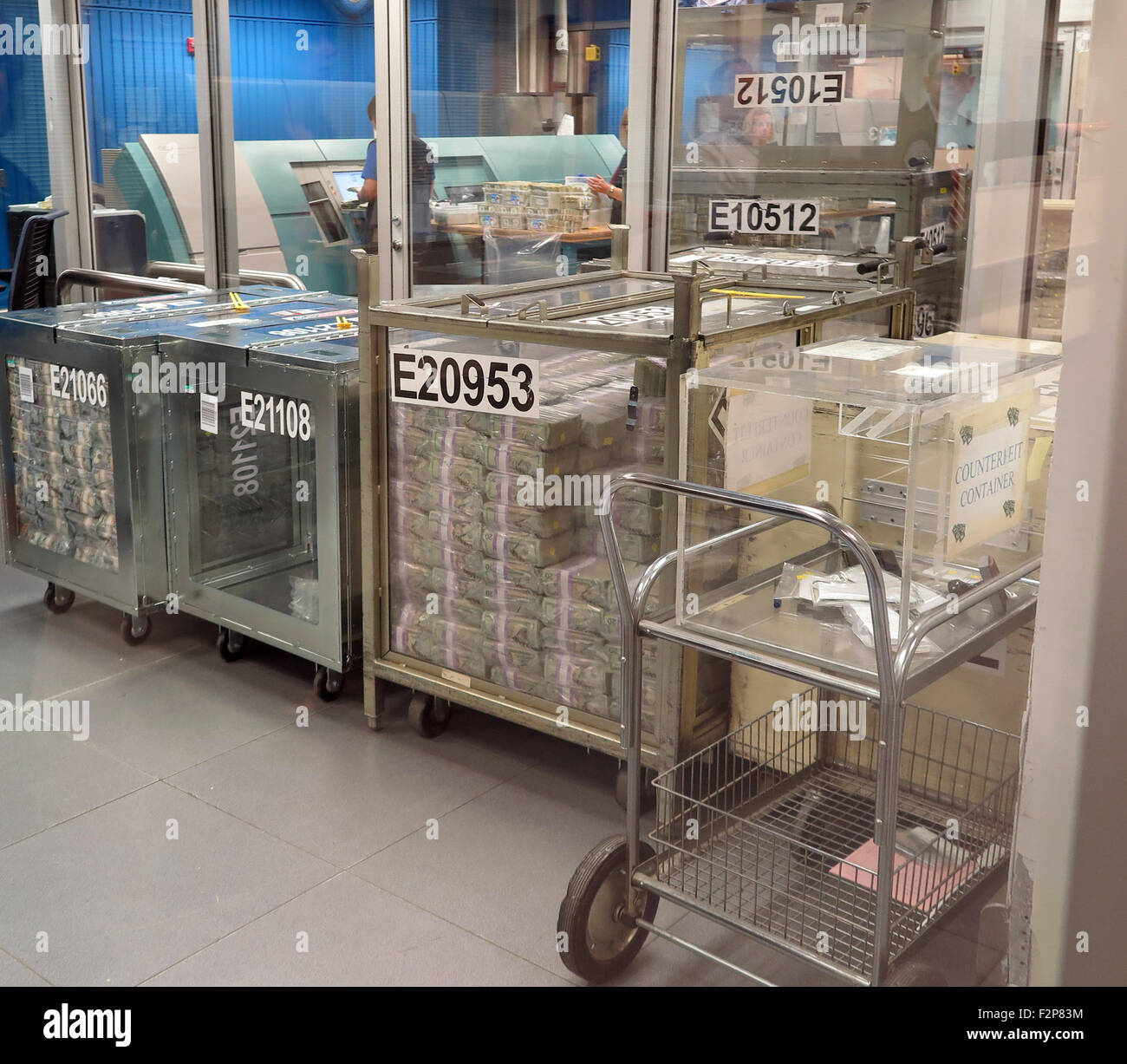 Containers of used dollar notes in the cash centre of the Federal Reserve Bank in Baltimore, USA, 17 September 2015. The Fed receives bundles of cash from banks where they are sorted