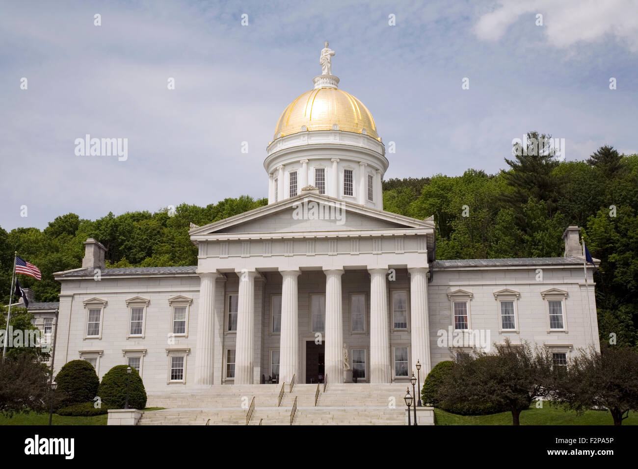 Since 1859 the Vermont State House has commanded the landscape of Montpelier, Vermont, the smallest capital city in America, USA Stock Photo