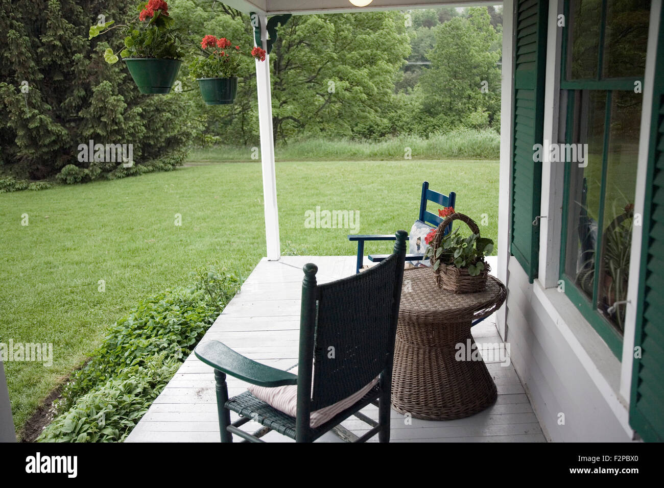 Rocking chairs on a porch, Waitsfield, Vermont, USA Stock Photo