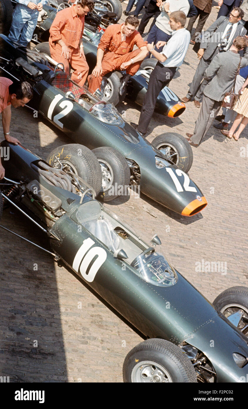 1960s BRM racing cars in pit lane Stock Photo