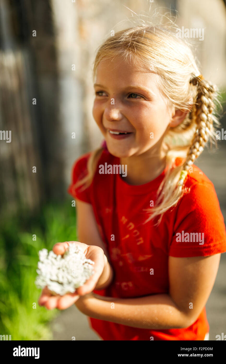 Portrait of smiling little girl with braids Stock Photo - Alamy