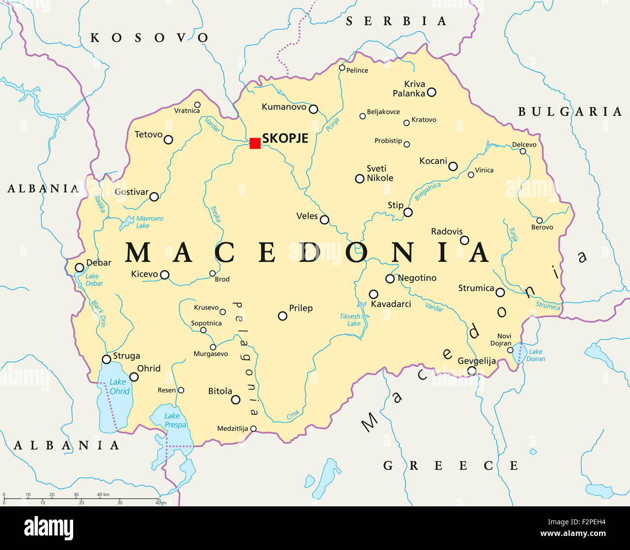 Macedonia political map with capital Skopje, national borders, important cities, rivers and lakes. English labeling and scaling. Stock Photo