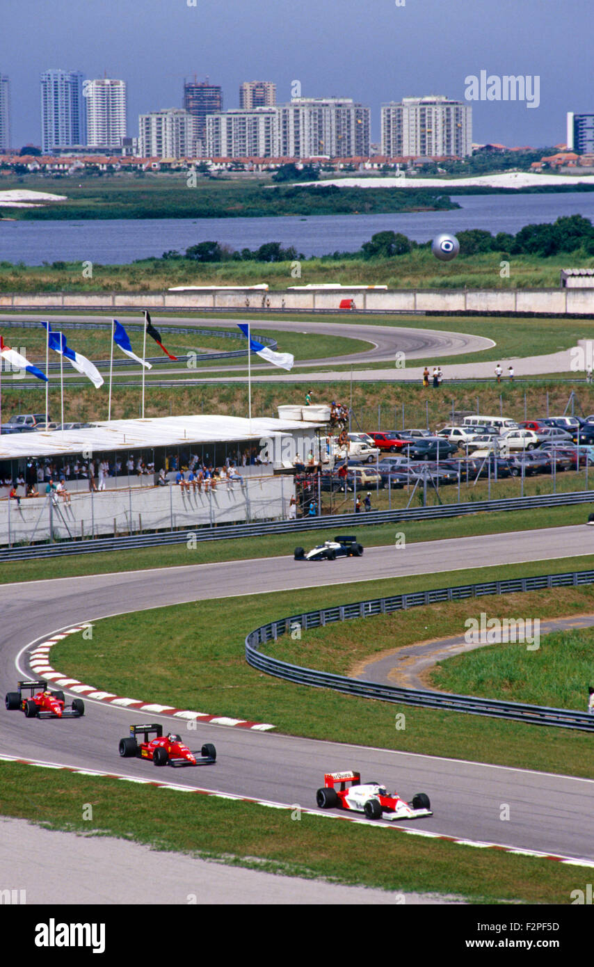 A Marlboro McLaren leading 2 Ferraris at the Brazilian GP in Rio de Janeiro 1988 Stock Photo