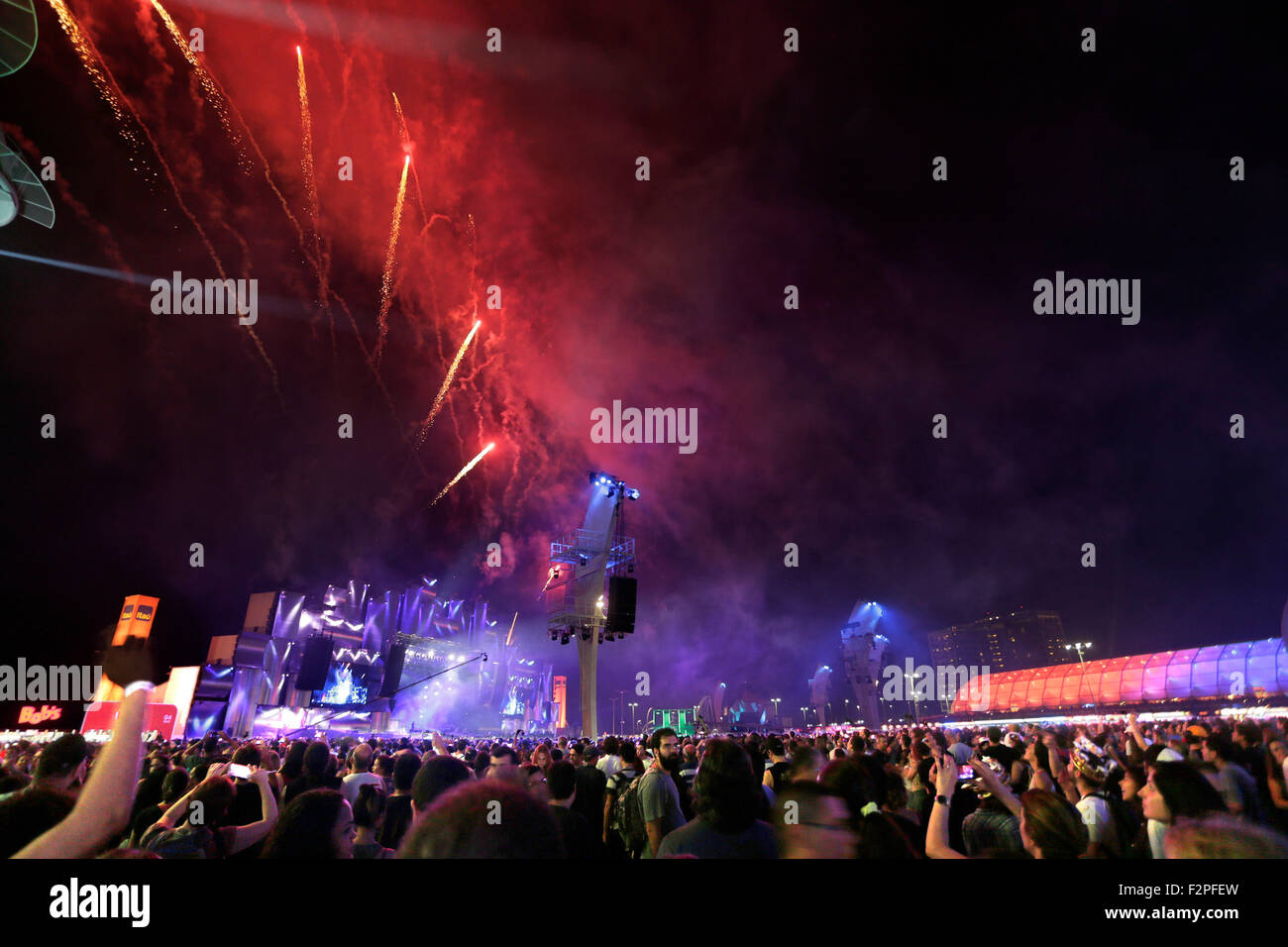 Rio de Janeiro, September, 20th,2015- Rock in Rio. Fireworks lights the crowd. Photo Antonio Scorza Stock Photo
