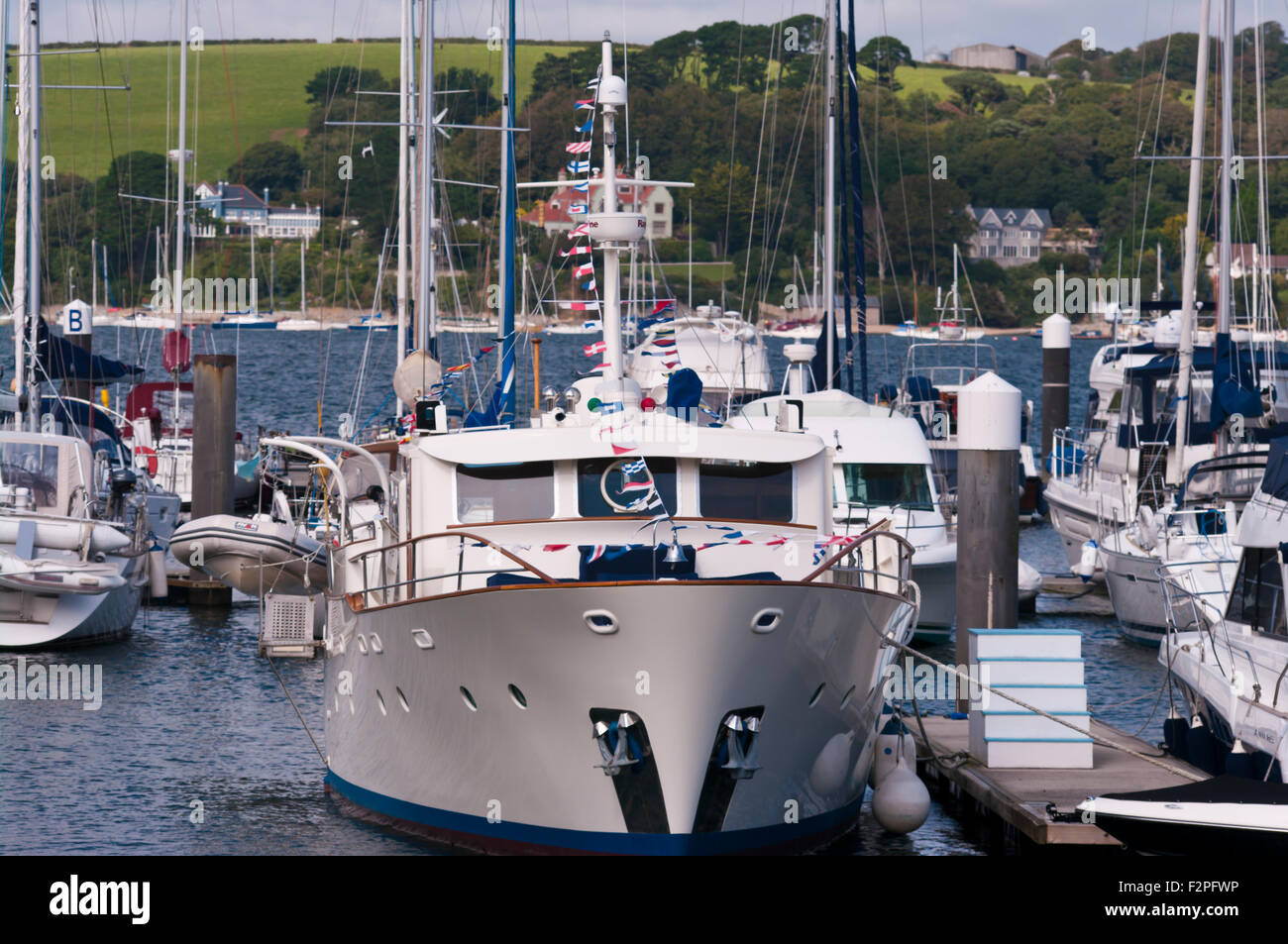 Bow View Of A Motor Cruiser Moored In Falmouth harbour Cornwall England UK Stock Photo