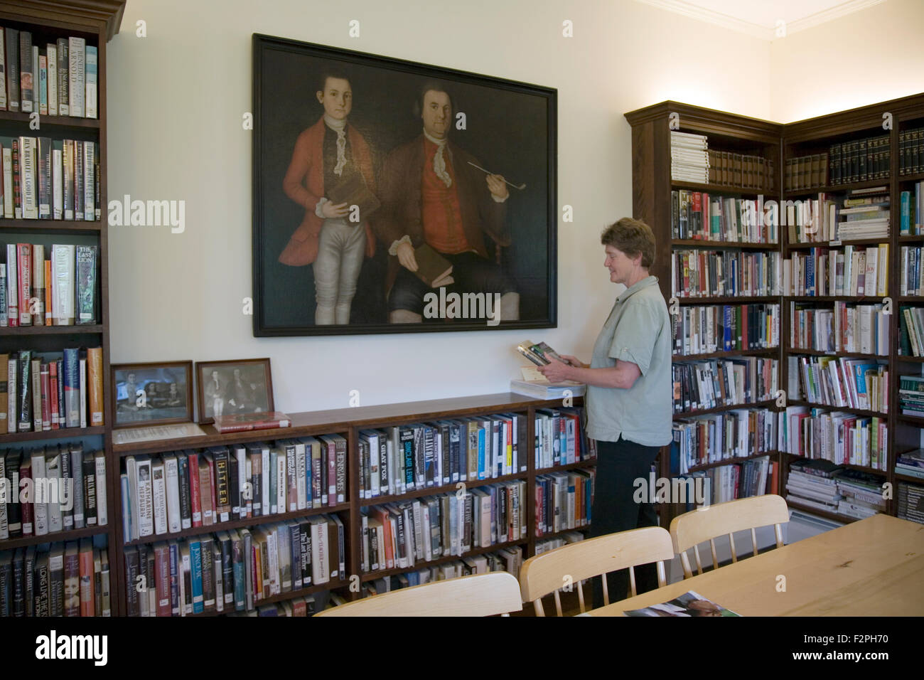 The Craftsbury Public Library and portrait of Ebenezer  and Samuel Crafts, Craftsbury Common, Vermont, USA Stock Photo