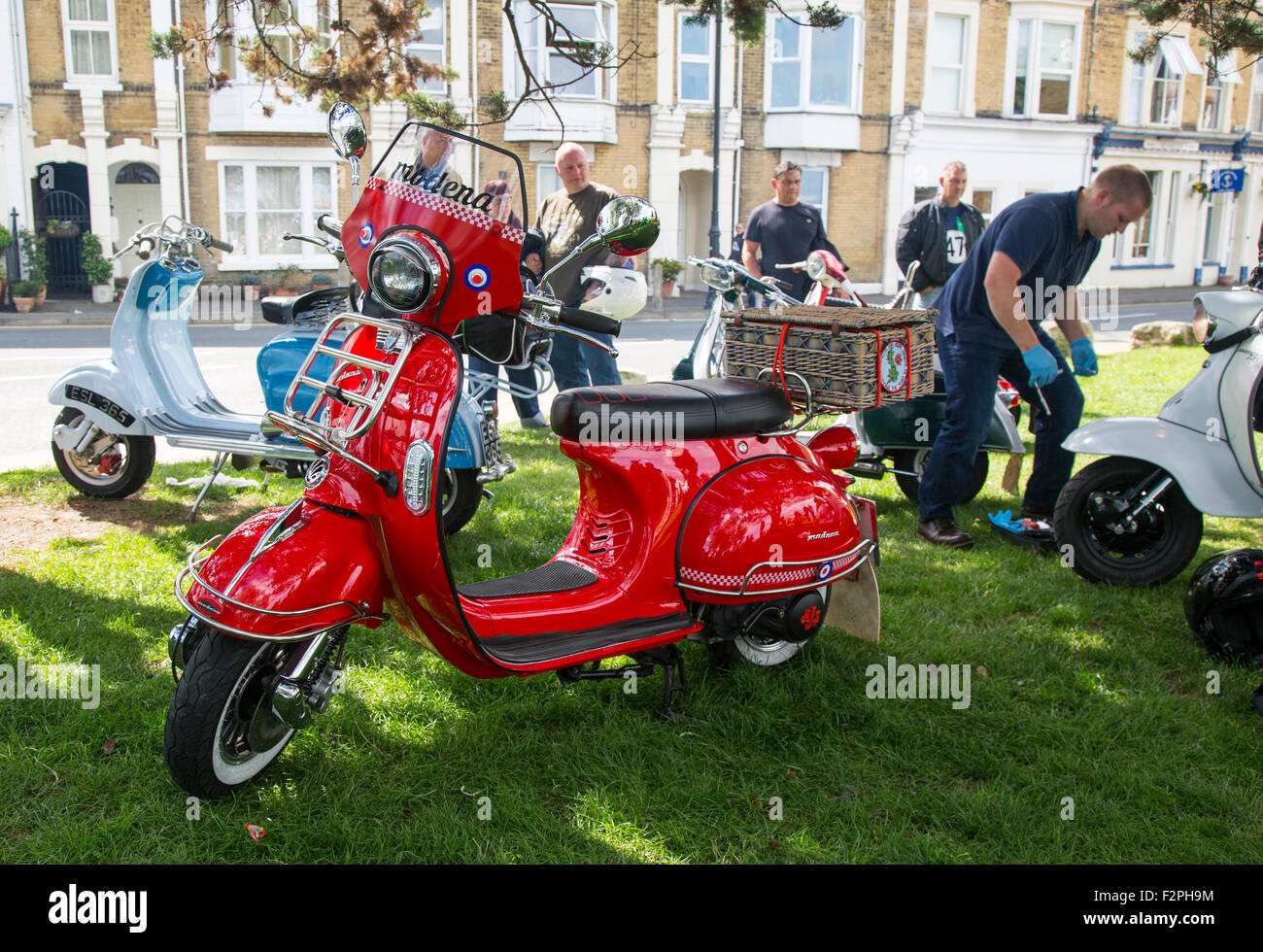 A line-up of scooters at the 2015 International Scooter Rally on the Isle  of Wight, Hampshire, UK Stock Photo - Alamy