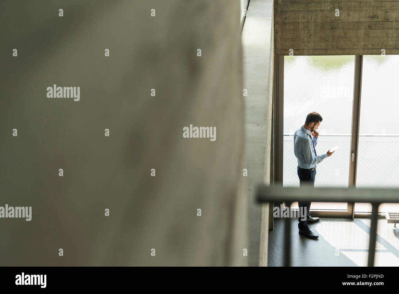 Young businessman looking on cell phone at the window Stock Photo