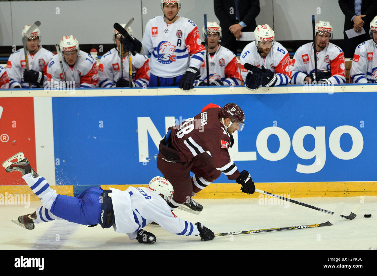Prague, Czech Republic. 22nd Sep, 2015. From left: Patrick Geering of Zurich and Andrej Kudrna of Sparta during the ice hockey Champions League, 1st round play off match HC Sparta Praha vs ZSC Zurich Lions in Prague, Czech Republic, September 22, 2015. © Katerina Sulova/CTK Photo/Alamy Live News Stock Photo