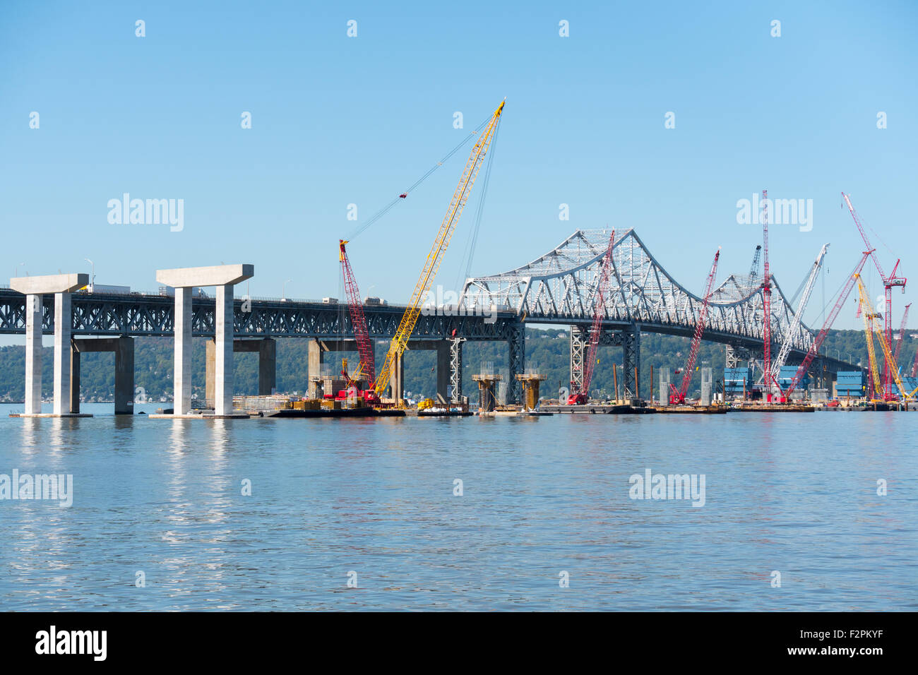 Barge mounted cranes work on construction of the New Tappan Zee Bridge