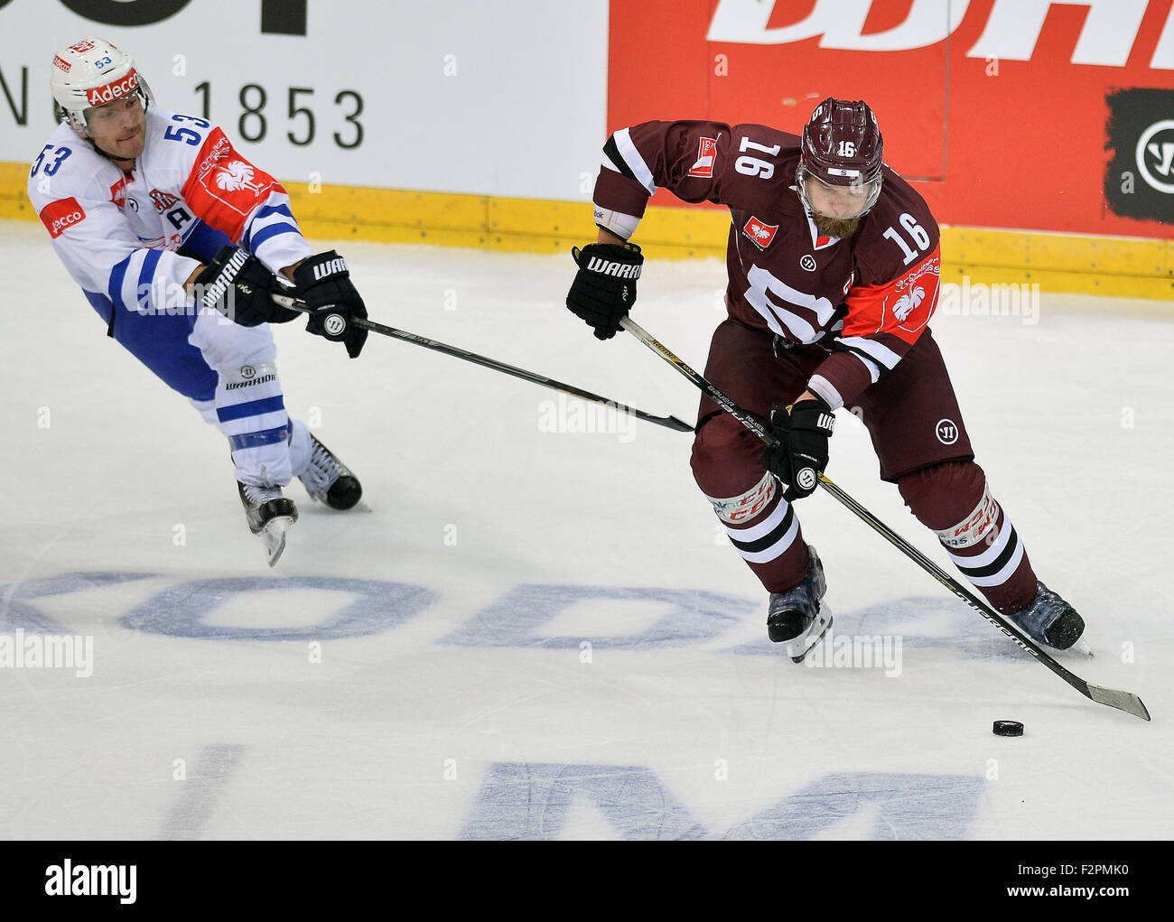 Prague, Czech Republic. 22nd Sep, 2015. From left: Morris Trachsler of Zurich and Adam Polasek of Sparta during the ice hockey Champions League, 1st round play off match HC Sparta Praha vs ZSC Zurich Lions in Prague, Czech Republic, September 22, 2015. © Katerina Sulova/CTK Photo/Alamy Live News Stock Photo