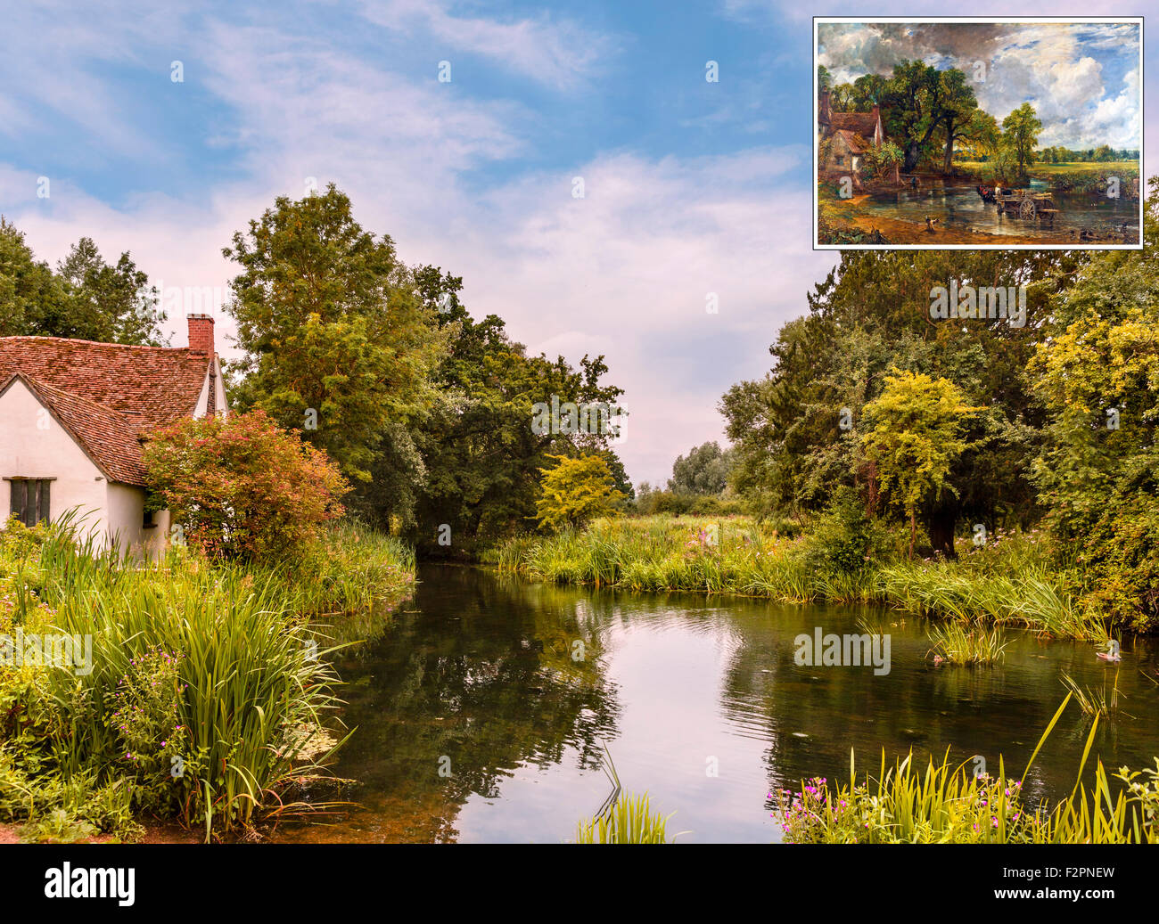 View featured in Constable’s painting The Hay Wain (inset), with Willy Lott’s Cottage on left, Flatford Mill, Essex, England, UK Stock Photo