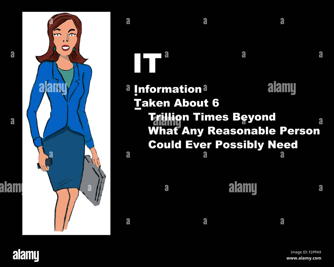 Technology and business illustration of businesswoman, the acronym 'IT' and the play on words, 'Information Taken about ...'. Stock Photo