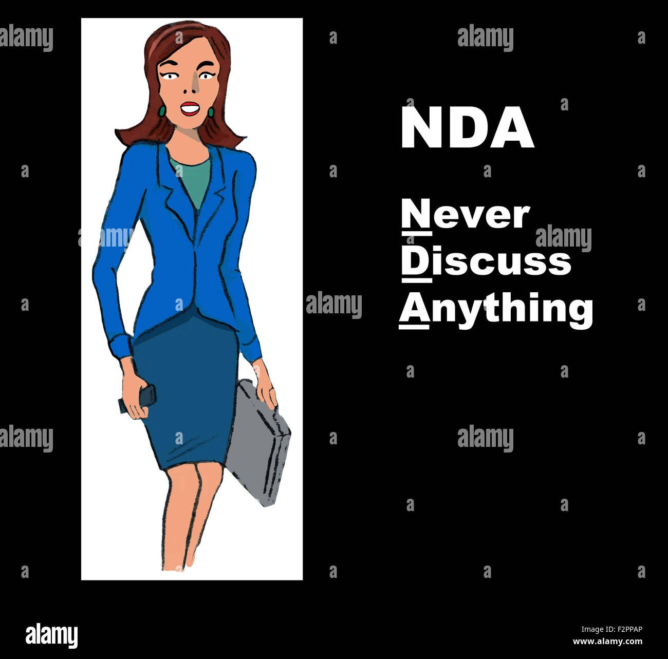 Business and legal illustration of a businesswoman and the acronym 'NDA' with the play on words 'Never Discuss Anything'. Stock Photo