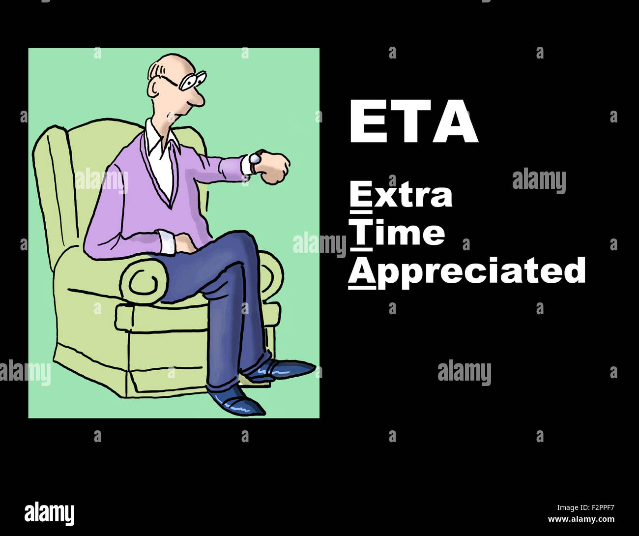 Business illustration showing a man looking at his watch and the acronym 'ETA' with a play on words, 'Extra Time Appreciated'. Stock Photo