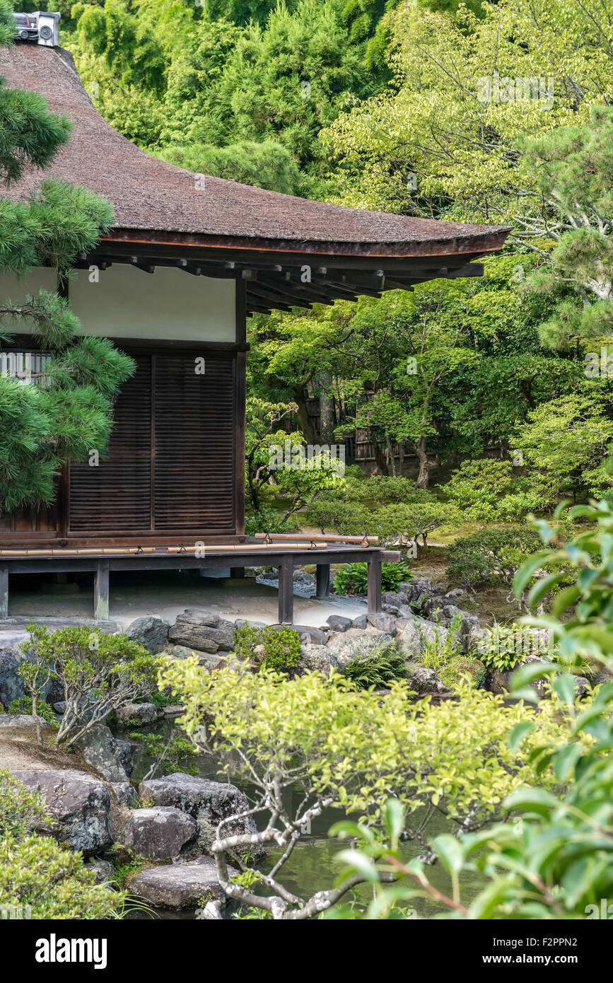 Japan Tree Building A traditional Japanese wooden building surrounded by trees in a formal ...