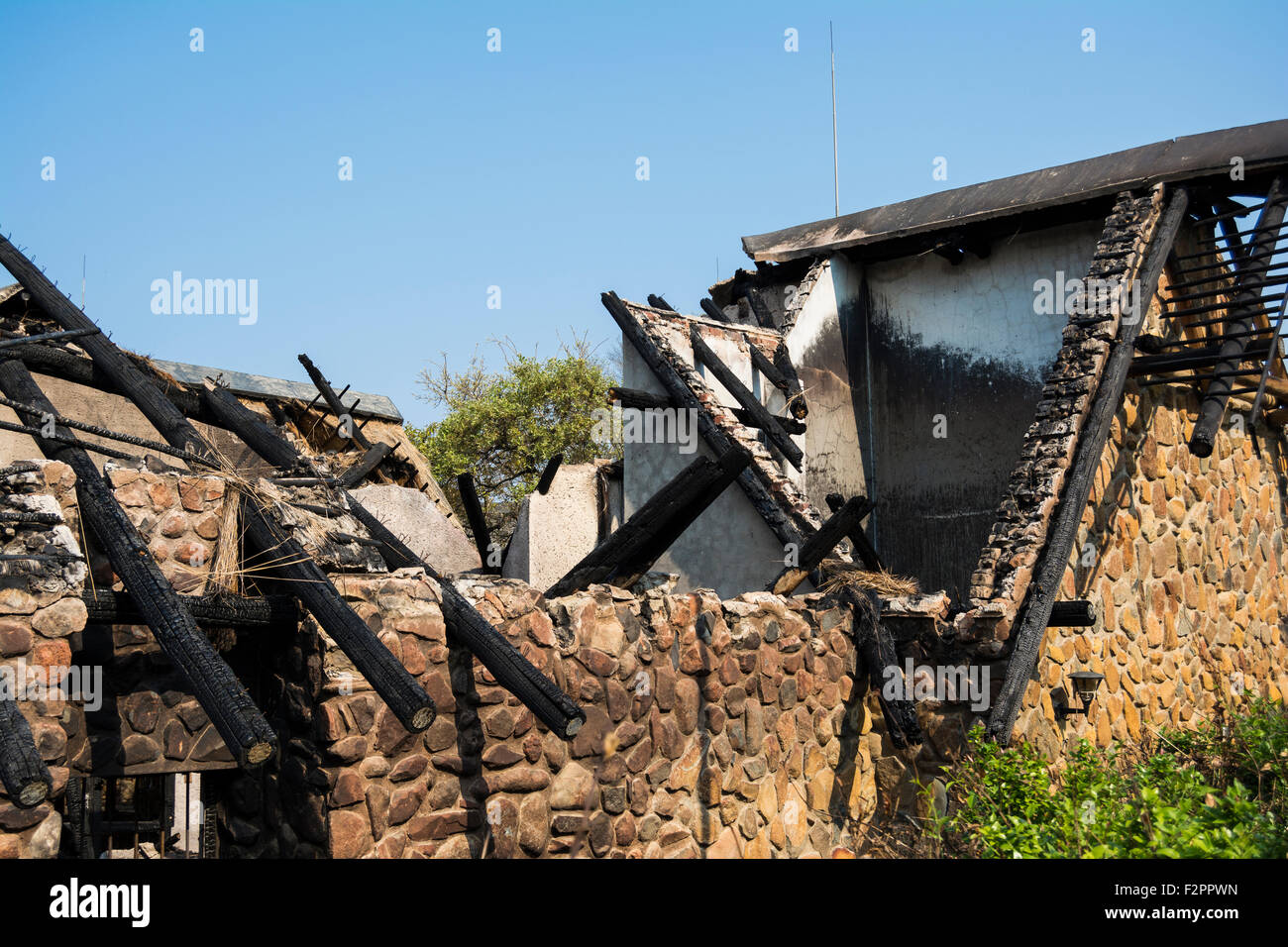 A building which has been damaged by a fire Stock Photo