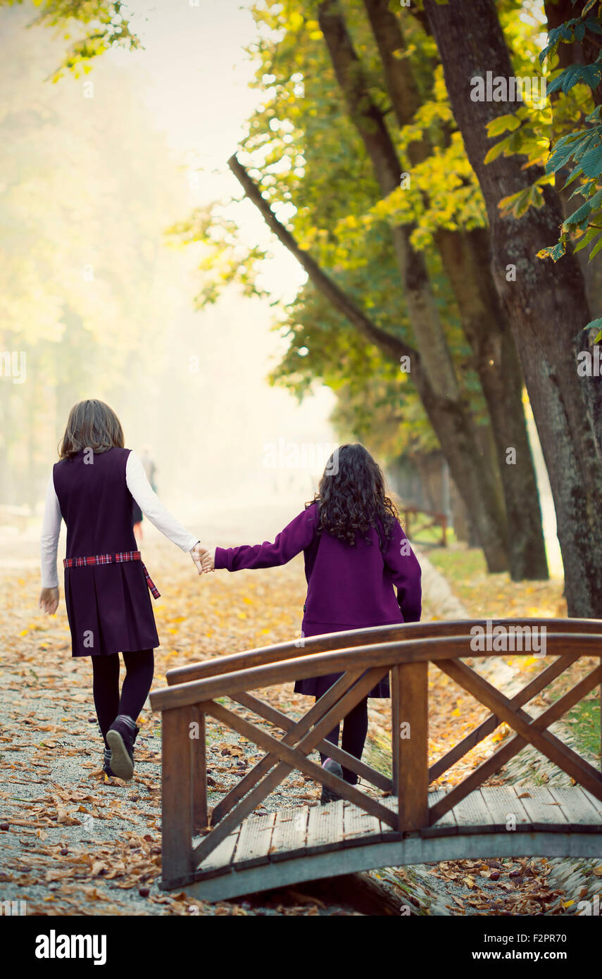 Two school girls holding hands in the autumn park Stock Photo - Alamy