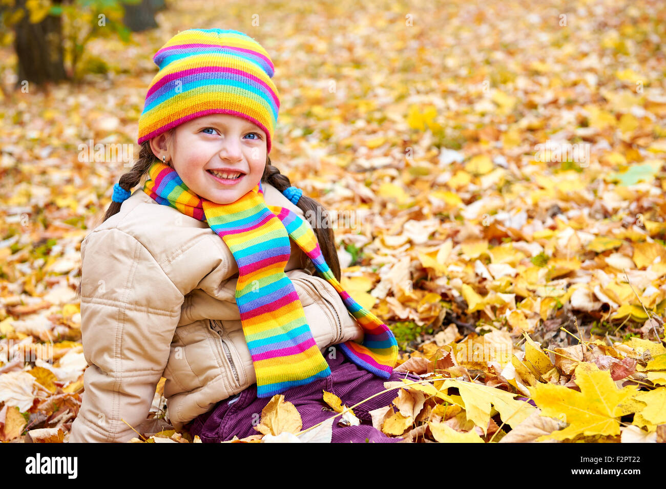 girl sit on autumn leaves in park Stock Photo - Alamy