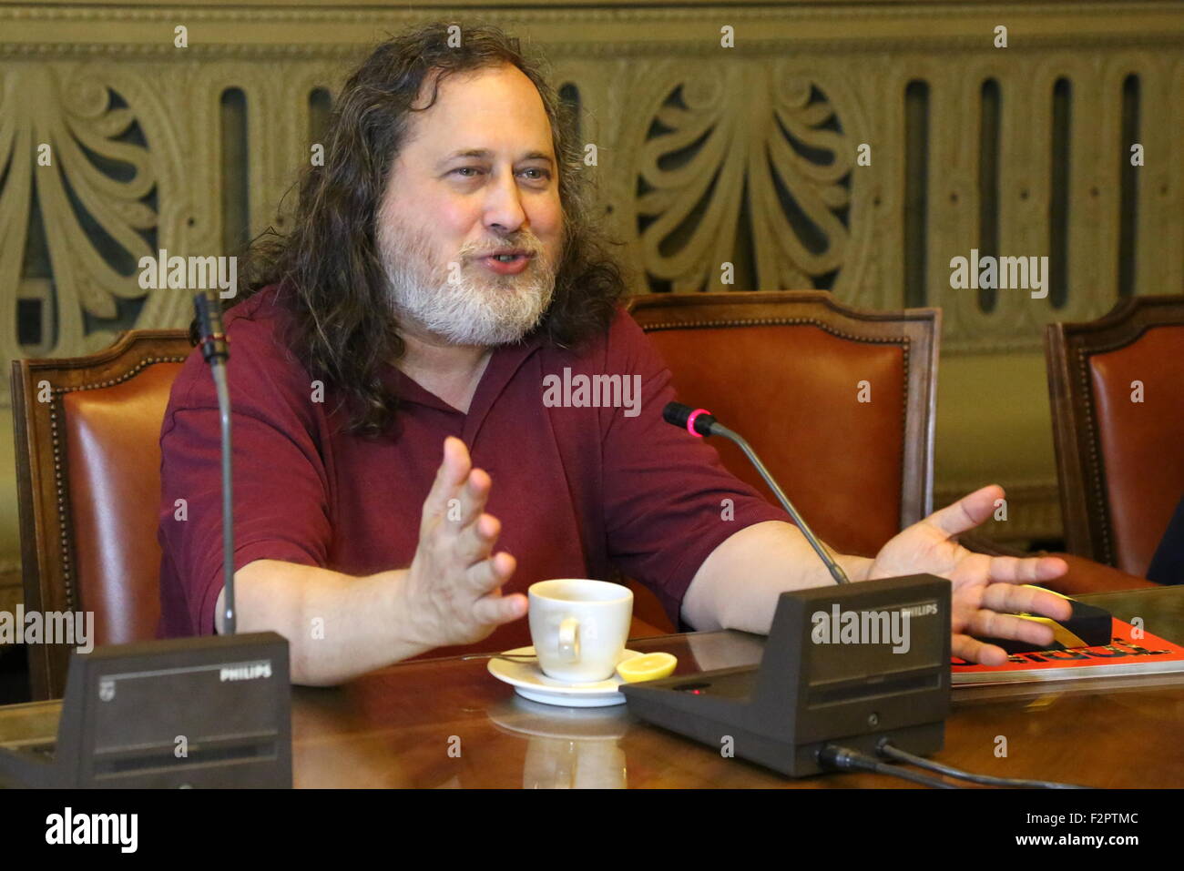 Turin, Italy. 22nd Sep, 2015. Richard Stallman, President of the Free Software Foundation, came to Turin to speak about GNU and the Free Software Movement, hosted by the mayor Piero Fassino. Credit:  Massimiliano Ferraro/Pacific Press/Alamy Live News Stock Photo