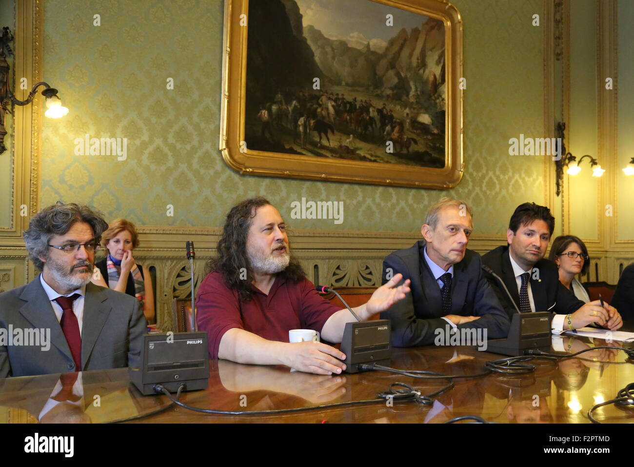 Turin, Italy. 22nd Sep, 2015. Richard Stallman, President of the Free Software Foundation, came to Turin to speak about GNU and the Free Software Movement, hosted by the mayor Piero Fassino. Credit:  Massimiliano Ferraro/Pacific Press/Alamy Live News Stock Photo