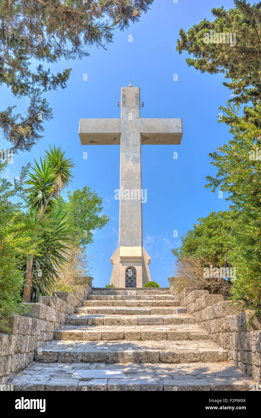 Steps to the giant cross on the observation deck at  Mount Filerimos Rhodes Dodecanese Greece Europe Stock Photo
