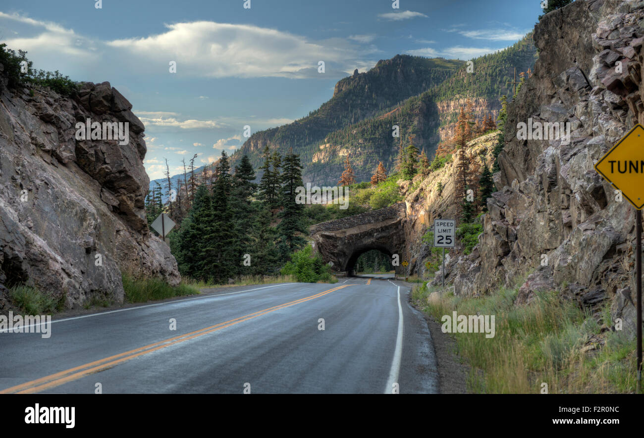 The tunnel on the Million Dollar Highway, US 550 above Ouray Colorado.  This view looks downhill toward Ouray. Stock Photo