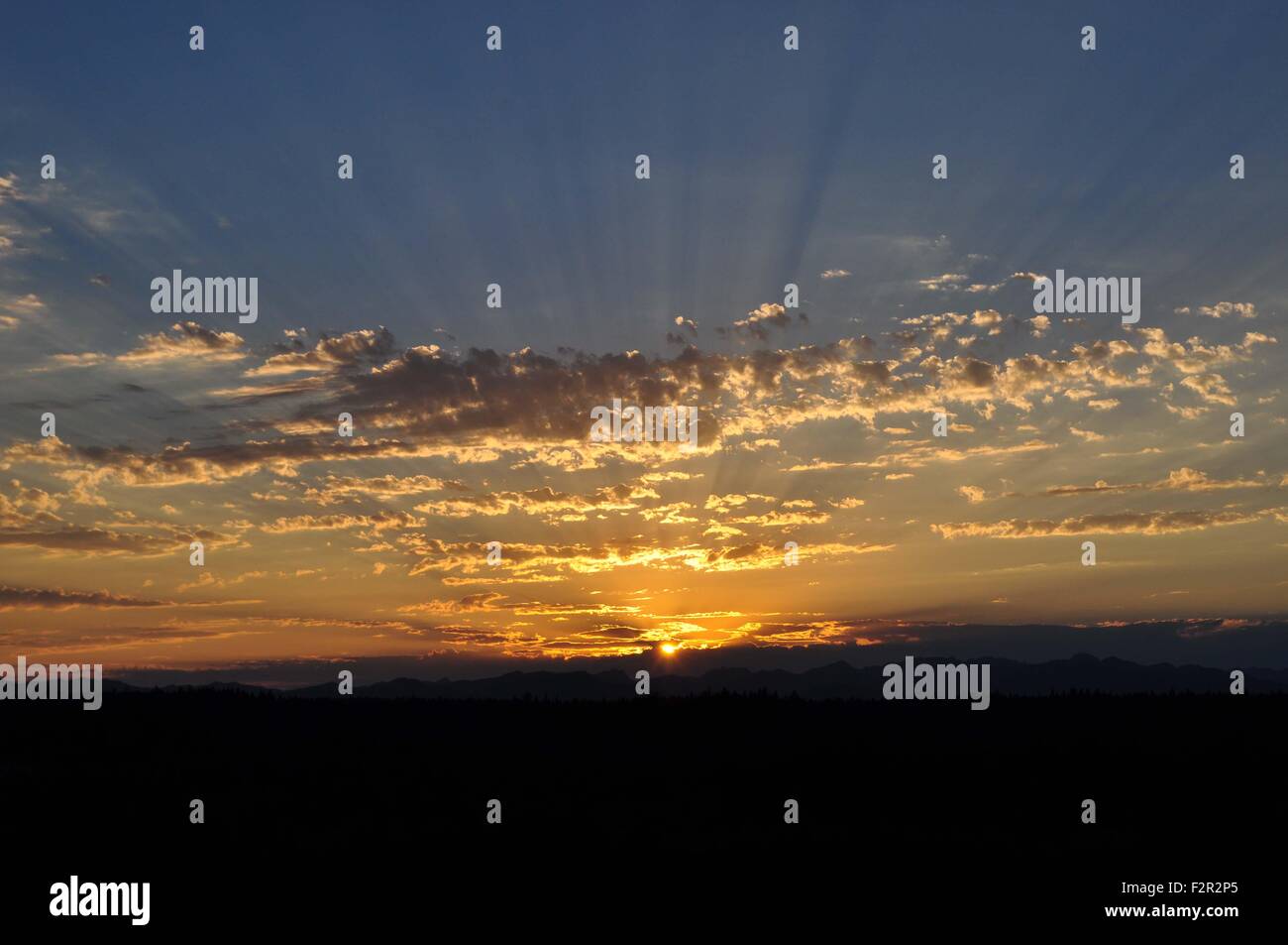 Sunset with Crepuscular Rays on the Olympic Mountains photographed near Shelton, WA, USA. Stock Photo