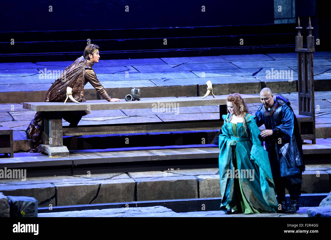 Beijing, China. 22nd Sep, 2015. Actors from China National Opera House perform in the opera 'Twilight of the Gods', the last in Richard Wagner's cycle of four operas titled 'the Ring of the Nibelung', at the National Center for the Performing Art in Beijing, capital of China, Sept. 22, 2015. © Jin Liangkuai/Xinhua/Alamy Live News Stock Photo