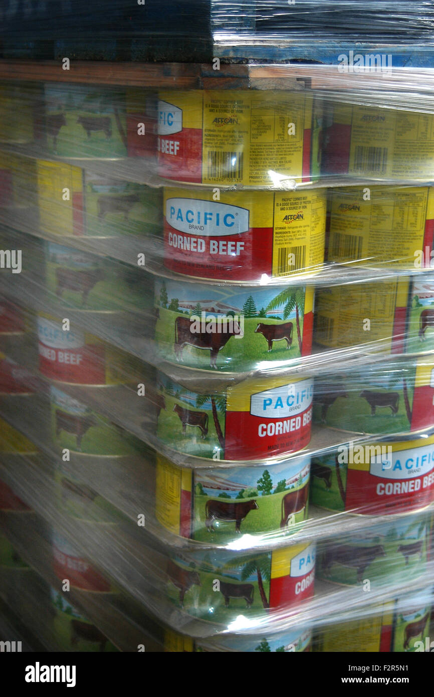 PALLET OF TINNED PACIFIC BRAND CORNED BEEF, TASMANIA Stock Photo Alamy