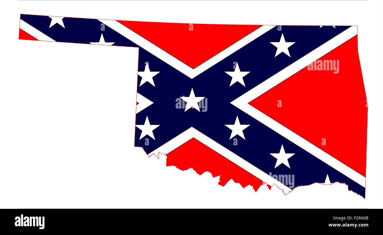 Outline map of the USA state of Oklahoma with confederate flag over a white background Stock Photo