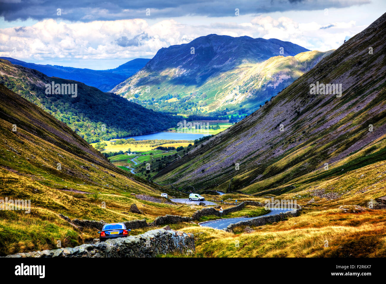 Kirkstone Pass with an altitude of 1,489 feet is the Lake District’s highest pass that is open to motor traffic. Cumbria UK Stock Photo