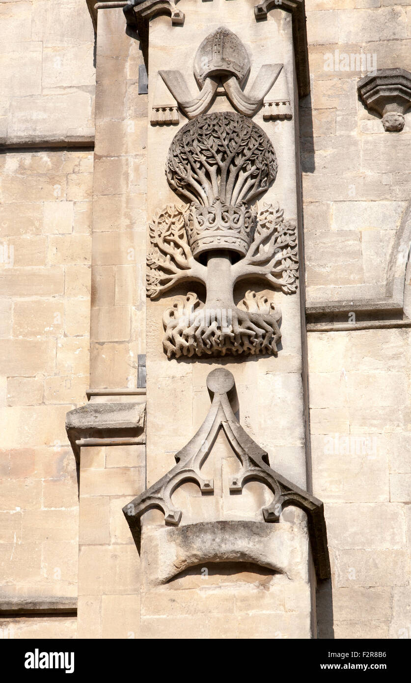Stone carving on frontage, Abbey church, Bath, Somerset, England, UK Stock Photo