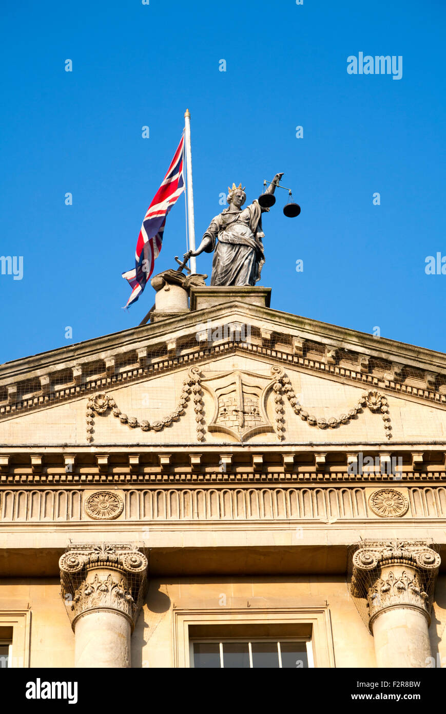 Britannia holding scales of Justice, top Guildhall building, Bath, Somerset, England, UK Stock Photo