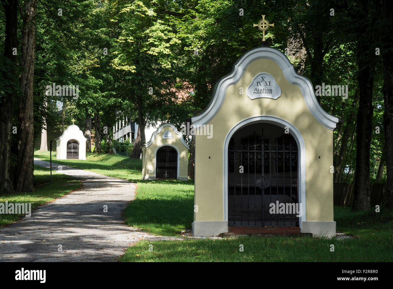 Crossroad to the Calvary and Holy Cross Church or Calvary Church, Bad Tölz, Upper Bavaria, Bavaria, Germany Stock Photo
