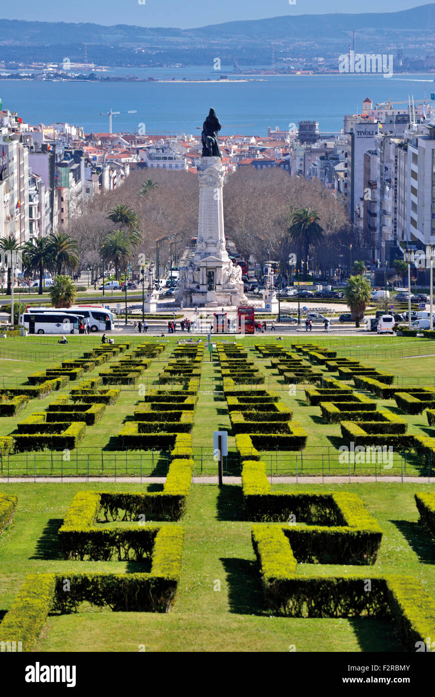 Portugal, Lisbon: View of park and river Tagus at the viewpoint Parque Eduardo VII Stock Photo