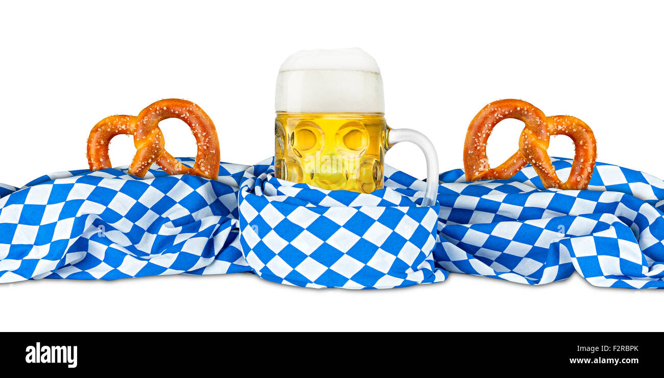 german oktoberfest beer mug and pretzel in bavarian flag Stock Photo