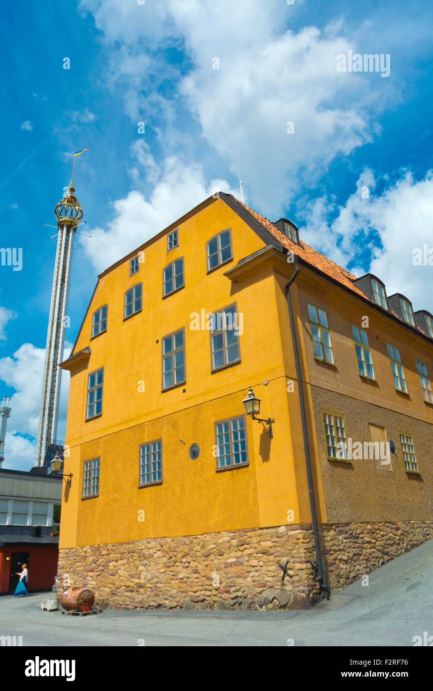 Buildings along Lilla Allmänna Gränd street, area of historical buildings, Djurgården island, Stockholm, Sweden Stock Photo