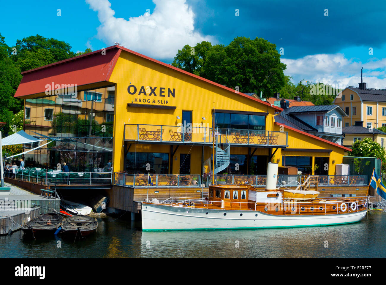 Oaxen restaurant, Beckholmsvägen, on shore of Beckholmssundet bay, Djurgården island, Stockholm, Sweden Stock Photo