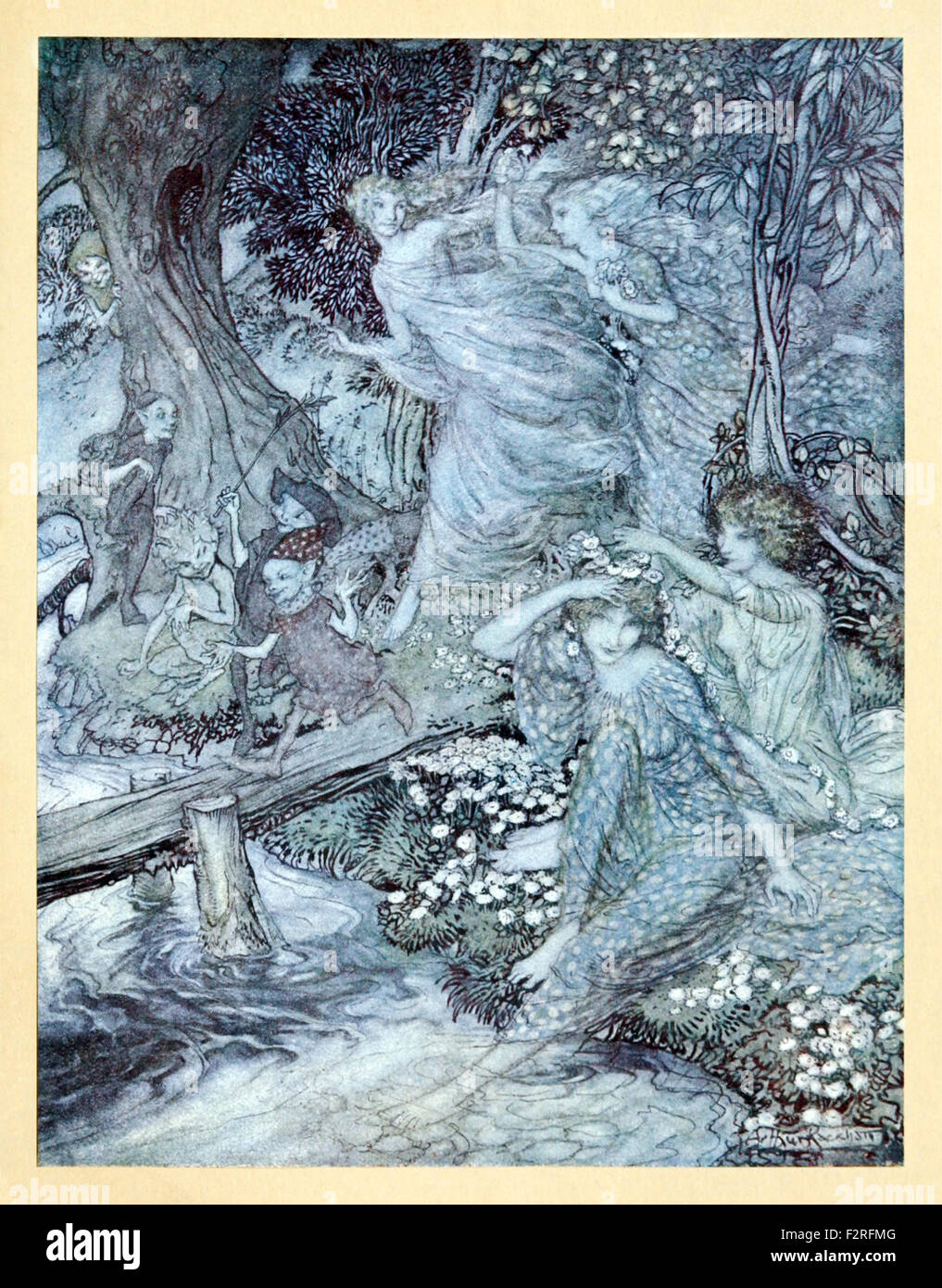 'By dimpled Brook, and Fountain brim, The Wood-Nymphs, deckt with Daisies trim, Their merry wakes and pastimes keep' from 'Comus' by John Milton, illustration by Arthur Rackham (1867-1939). See description for more information. Stock Photo