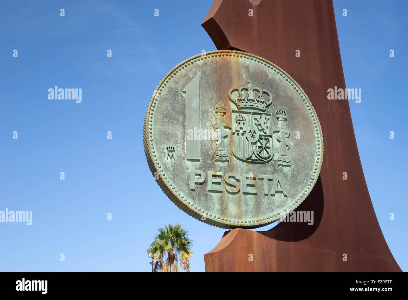 Detail of monument in commemoration of the loss of the Spanish Peseta. Fuengirola, Spain. Stock Photo