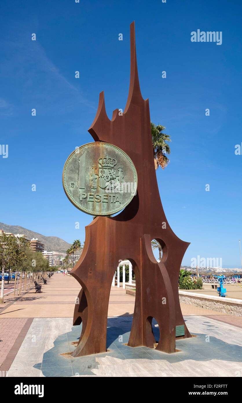 Monument in commemoration of the loss of the Spanish Peseta. Fuengirola, Spain. Stock Photo