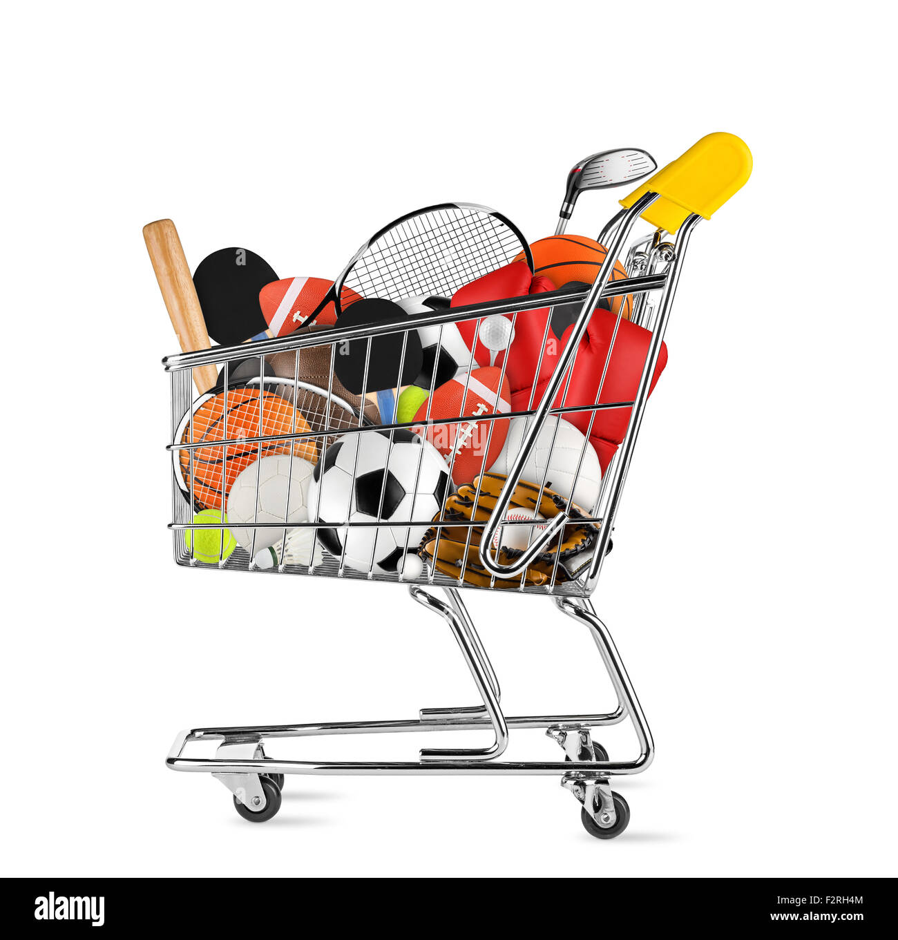shopping cart filled with sports equipment isolated on white background Stock Photo