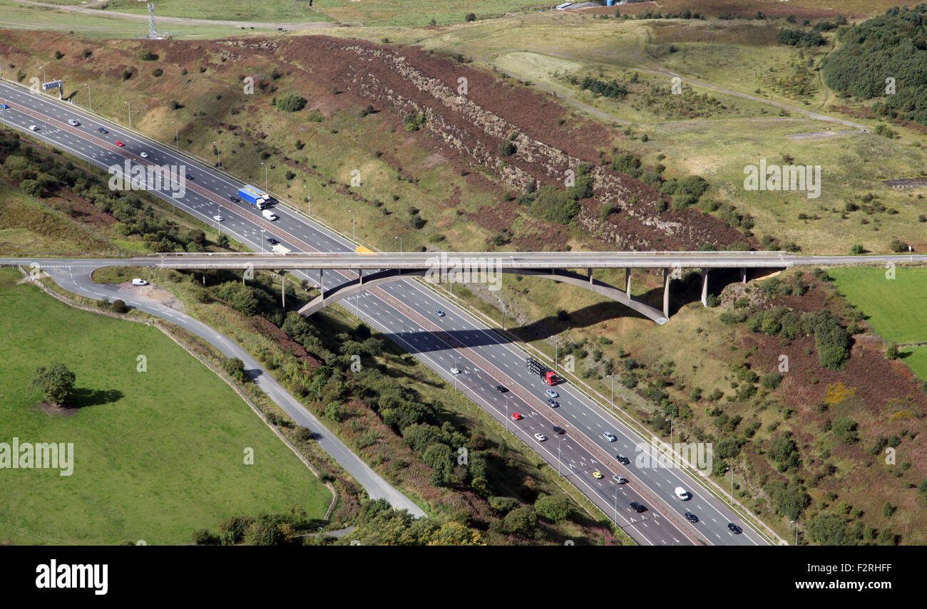 Aerial View Of The Famous Scammonden Bridge Over The M62 Motorway UK aerial-view-of-the-famous-scammonden-bridge-over-the-m62-motorway-uk