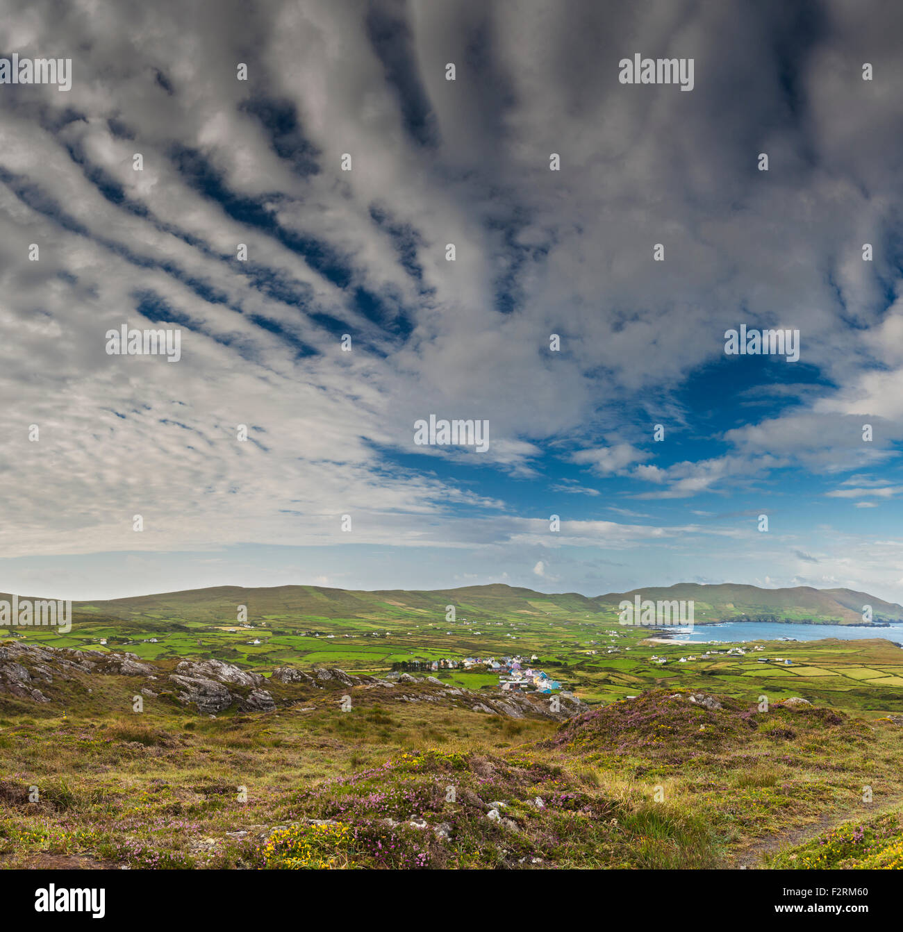 View from the Beara Way above the village of Allihies with spectacular cloud formations, Beara, County Cork, Ireland Stock Photo